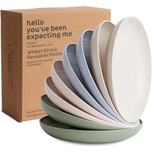 Nook Theory Reusable Wheat Straw Plates 8 Pcs - Non Toxic Kids and Toddler Plate, Microwavable, Dishwasher Safe and Unbreakable Dinnerware (Softhues 9")