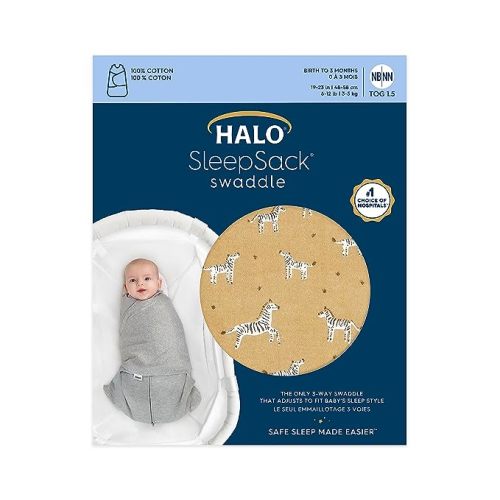 HALO 100% Cotton Sleepsack Swaddle, 3-Way Adjustable Wearable Blanket, TOG 1.5, Serengeti Zebra, Newborn, 0-3 Months