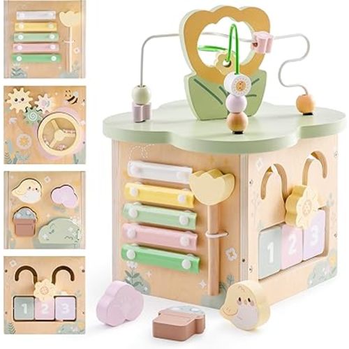 ROBUD Wooden Activity Cube, Activity Center for Baby, 7-in-1 Montessori Toys for 1+ Year Old Toddlers, Educational Toys for Garden World Theme