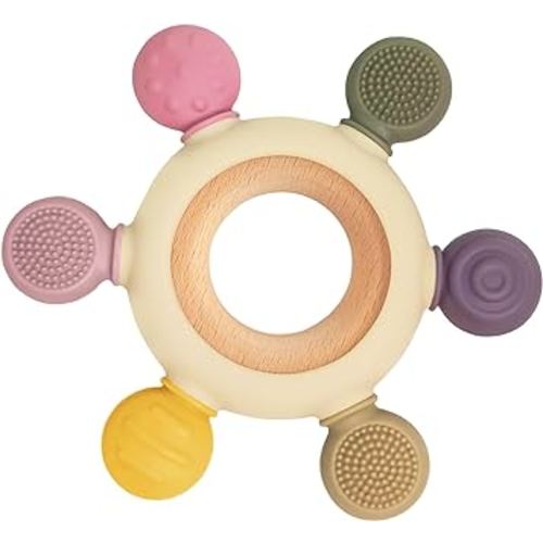 Baby Teething Toys with Wooden Ring, Teethers for Babies 3-6 Months, Wooden Baby Toys, Easy to Grasp Toy for Baby Teething Relief, Chew Toys for Sucking Needs, Silicone Baby Teether BPA Free