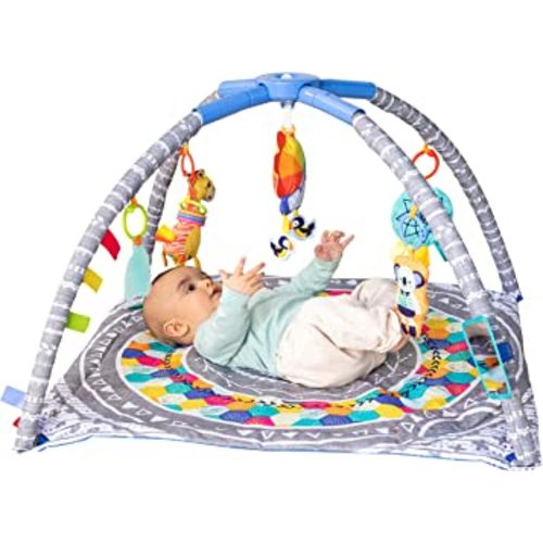 Infantino 4-in-1 Twist & Fold Musical Mobile Gym - Includes Linkable Toys, Repositionable Mirror, Feather Teether, On-The-Go Activities, Boho Styled Play Mat for Infants and Toddlers 0M+