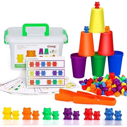 Bmag Counting Bears with Matching Sorting Cups,Number Color Recognition STEM Educational Toy for Toddler, Pre-School Learning Toy with 90 Bears,2 Tweezers,11 Activity Cards,1 Storage Box