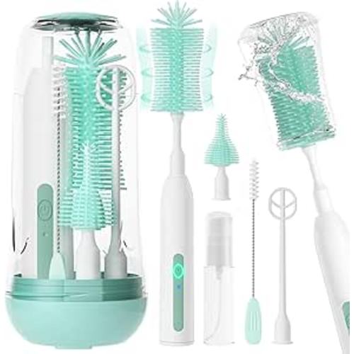 Electric Bottle Brush Cleaner,Rechargeable Baby Bottle Cleaning kit with Formula Mixer, Silicone Nipple&Straw Brush, Soap Dispenser, Drying Rack-IPX7 Waterproof,Long Battery Life for Home & Travel
