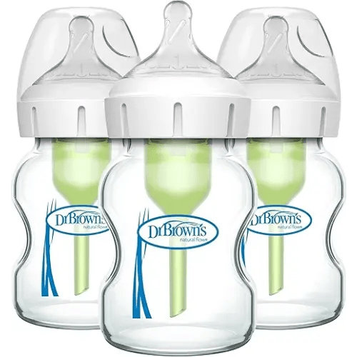 Dr. Brown's Anti-Colic Options+ Wide-Neck Glass Baby Bottles with Level 1 Slow Flow Nipple, 5 oz/150 mL, 3-Pack, 0m+ (Packaging May Vary)