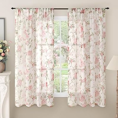 Lajode Floral Sheer Curtains for Girls Bedroom, Vintage Farmhouse Light Filtering Privacy Semi-Sheer Linen Curtains for Kids Nursery 63 Inches Long 2 Panels, Rod Pocket, Pink, Each 52 Inch Wide