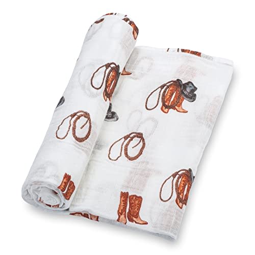 LollyBanks Baby Blanket for Boys, Large 47 x 47 Inches Soft Muslin Swaddle Blankets, 100% Cotton Breathable and Lightweight Baby Receiving Blankets, Baby Essentials, Registry (Cowboy Boot Print)