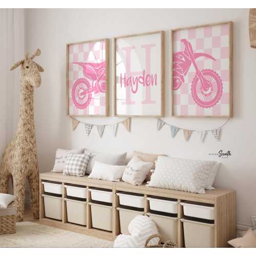 Personalized Pink Dirt Bike Nursery Art: Moto Girl Bedroom Decor