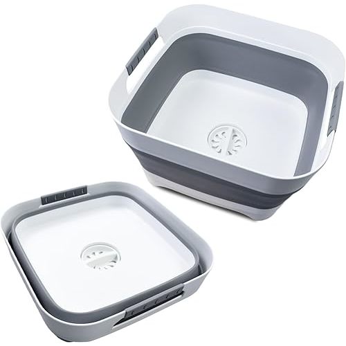 2.4 Gal Collapsible Wash Basin with Drain Plug - 9L Dish Pan for Baby Bottle Soak, Foldable Sink, Multi-Purpose Bucket - Ideal for Camping, RV, Vegetable Washing, Ice Tub & Beverages
