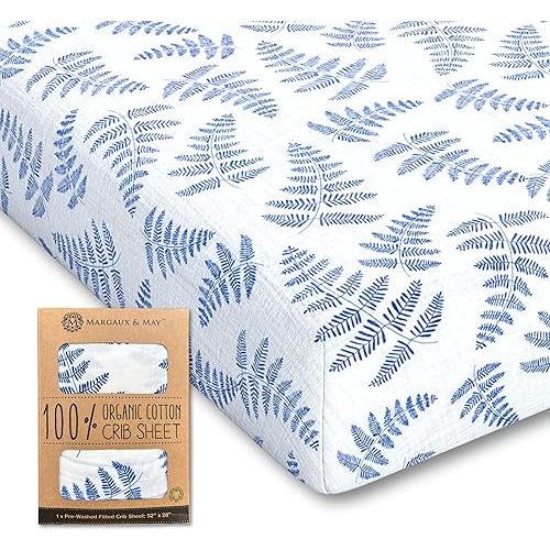 Margaux & May Organic Muslin Cotton Baby Crib Sheet, Blue Fern Print, Fitted, Breathable, Toddler Bedding, 52 x 28, Deep Pocket, Organic Crib Sheets for Cozy Sleep