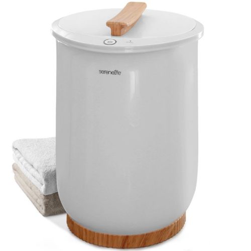 Serenelife Large Bucket Towel Warmer, White & Bamboo