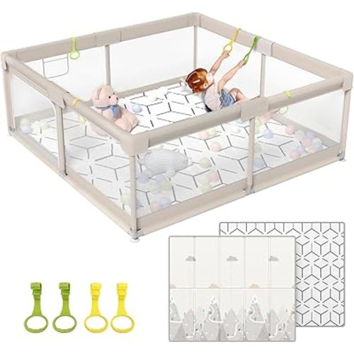 ZEEBABA Baby Playpen with Mat, Playpen for Babies (59x59x27inch), Kids Safety Play Pen for Babies and Toddlers, Extra Large Playpen Playmat, Baby Playpen Fence Gives Mommy a Break, Large Baby Play Yard