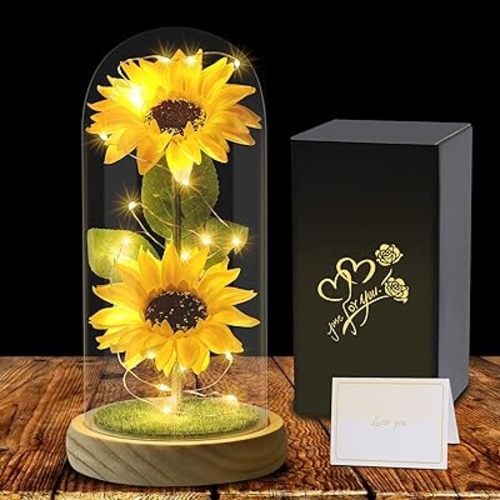 Mothers Day Sunflower Gifts for Women Mom Grandma, Enchanted LED Sunflower Lamp, Unique Artificial Flowers in Glass Dome, Present for Birthday, Anniversary, Wedding