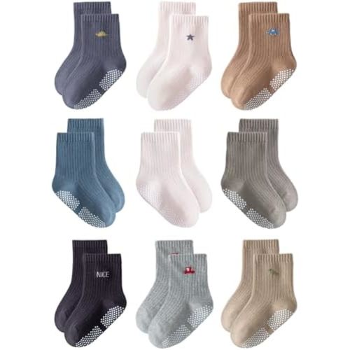 Toddler Grip Socks Non Slip Crew Socks Cute Seamless Cotton Socks for Baby Boys Girls Infants Kids 9 Pairs