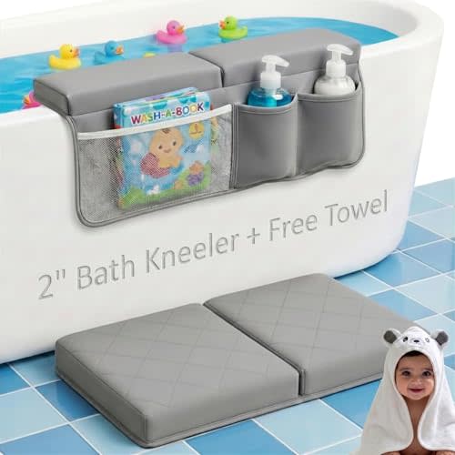 2inch XL Baby Bath Kneeler and Elbow Rest Pad Set + Hooded Towel - Embroidered Kneeling Pad for Bathing Baby - Dual-Layer Memory Foam Bathtub Kneeler and Elbow Rest Set
