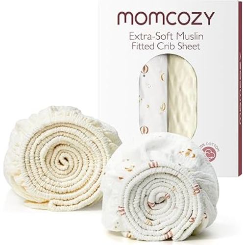 Momcozy Muslin Standard Fitted Crib Sheets, 52"x28", 2 Pack Soft Breathable Natural Cotton Baby Mattress Sheet, 360° Mattress Wrapping No Slip Boys Girls Neutral Toddler Bed Sheet, Sky Hot Air Balloon