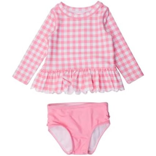 RuffleButts Baby/Toddler Girls Scalloped Long Sleeve Rash Guard 2-Piece UPF50+ Sun Protected Swimsuit