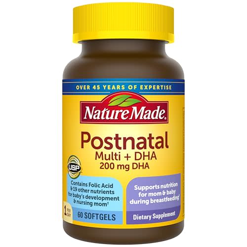 Nature Made Postnatal Multivitamin + DHA 200 mg, 60 Softgels, to Support Nursing Moms & Babies During Breastfeeding, Postnatal Vitamins & Nutrients Include Iron, Vitamin D3, Calcium, Iodine
