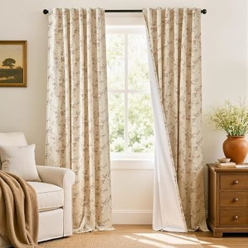 Lazzzy Blackout Vintage Floral Linen Curtains Taupe on Beige 50×96 2 Panels