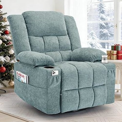 Korser Adult 360° Swivel Rocking Recliner, Nursery Rocking Chair with Massage and Heating Function, Cup Holder, Manually Adjustable Seat for Living Room and Bedroom (Fabric, Lake Blue)