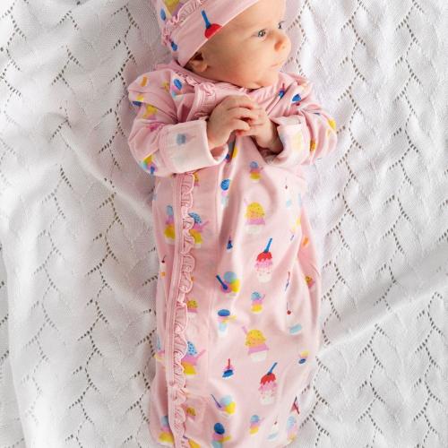 pink sundae funday modal magnetic cozy sleeper gown + hat set with ruffles