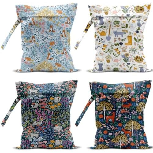 4 Pack Cute Wet Bag Waterproof Washable Reusable Wet Dry Bag for Swimsuit Dirty Clothes Diaper Travel Beach Pool Birthday Camping Toiletries Beach Essentials，Botanical Gardening Forest Fox Cat Deer