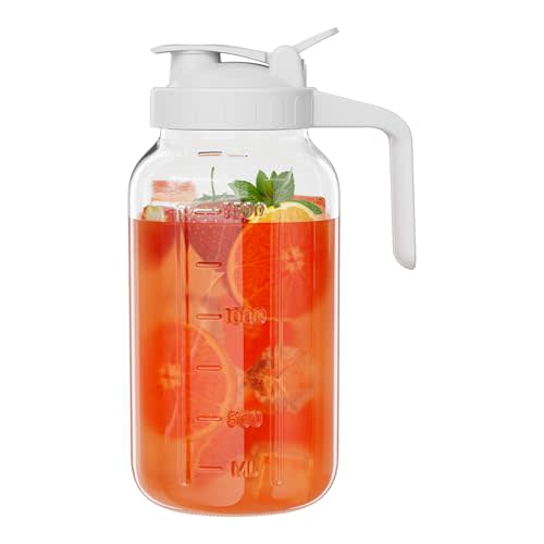 Glass Mason Jar Pitcher, 64 oz Wide Mouth Jug with Pour Spout Handle Lid for Cold Brew Coffee, Ice Beverage, Iced Juice, Lemonade, Sun Tea, Fruit Drinks Container（White）