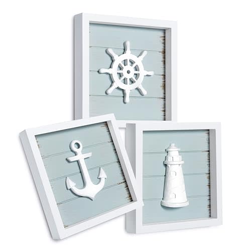 TideAndTales 3D Nautical Wall Decor (7"x7"), Coastal Theme Home Decorations with Anchor, Lighthouse and Ship Wheel, Rustic Ocean Inspired Bathroom Decor - Nautical Gifts - Framed Set of 3