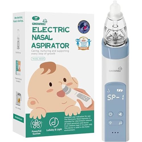 GROWNSY Nasal Aspirator for Baby, Electric Nose Aspirator for Toddler, Baby Nose Sucker, Automatic Nose Cleaner with 3 Silicone Tips, Adjustable Suction Level, Music and Light Soothing Function, Blue