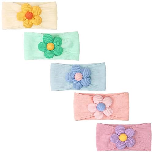 CÉLLOT 5 Pcs Baby Flower Headbands Baby Girls Nylon Headbands Soft Hairbands Hair Accessories for Newborn Infant Toddler Kids(Vibrant Color-Nylon Fabric with Horizontal Stripes)