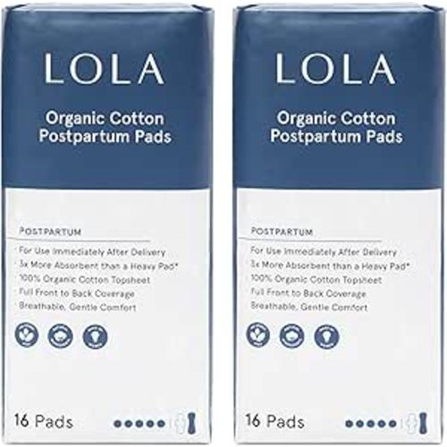 LOLA Organic Cotton Postpartum Pads - Max Absorbency Pads for Postpartum Bleeding - Extra-Long Overnight Liners for Women - Hospital Bag Essentials - 32 Count, Unscented