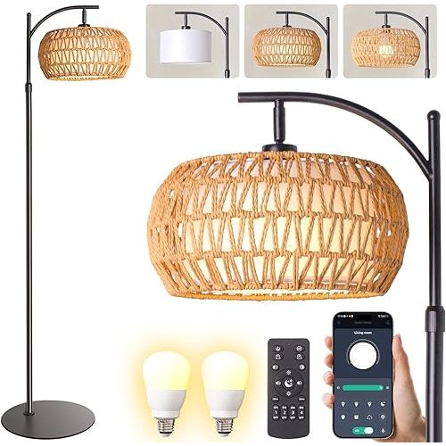 Boho Rattan Floor Lamp with Shade - 12W Bright LED Bulb, Adjustable Height 48-60 Inch, Remote Control 3 Color Temperatures, Handwoven Arc Standing Light for Living Room