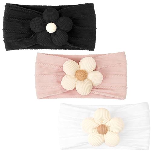 CÉLLOT Baby Flower Headbands Baby Girls Nylon Headbands Baby Essentials Stretchy Hairbands Handmade Hair Accessories for Newborn Infant Toddlers Kids (White,Pink,Black)