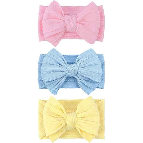 LemonSpace Handmade Baby Girls Headbands Soft Stretchy Nylon Hair Bands Hair Accessories with Bows for Newborn Baby Girls Infant Toddlers Kids(Light Pink Blue Yellow)