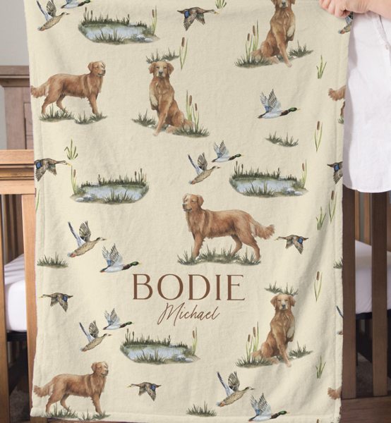 Personalized Coming Home Blanket Baby Boy Gift Golden Retriever Baby Blanket Dog Nursery Boy Mallard Baby Shower Gift Custom Name Blanket