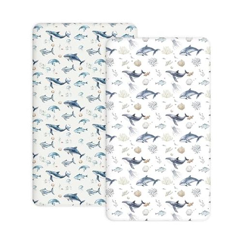 Crib Sheets for Boys Girls, 2 Pack Jersey Knit Fitted Crib Sheets for Standard Toddler Mattress 28"x 52", Soft and Breathable Baby Bedding (Crib Sheet, Aquatic Adventures)