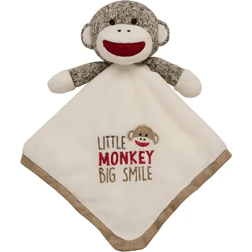 Baby Starters Plush 14 inch Snuggle Buddy with Embroidery and Satin, Sock Monkey Blanket and Toy, Tan