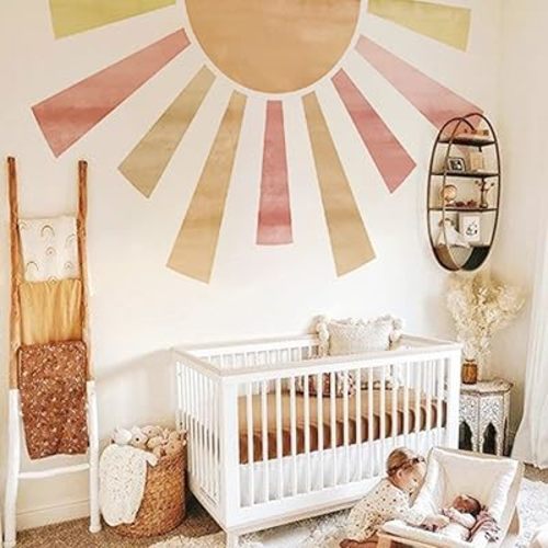 Large Fabric Watercolor Boho Half Sun Wall Decals Peel and Stick, Pastel Sunrise Wall Murals Stickers, Sunshine Wall Art Decor for Kids Room Playroom Nursery Bedroom, 94.49" x 57.48"
