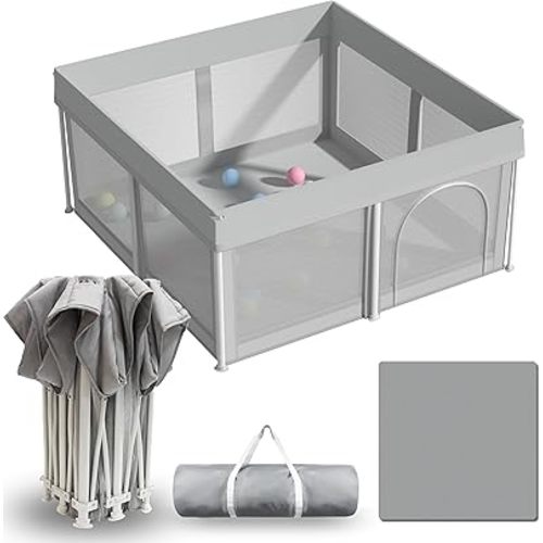 50"x50" Foldable Baby Playpen, Compact Portable Playpen for Babies & Toddlers, No-Installation Baby Fence for Home & Travel, Includes Carry Bag and Ocean Balls, Grey