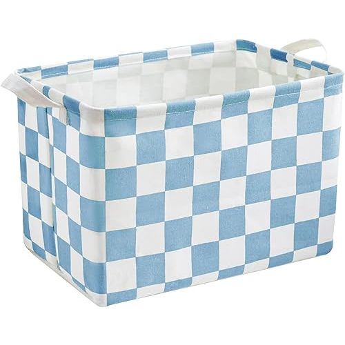 Blue Checkered Canvas Basket, Rectangular Organizing Decorative Storage Basket for Kids, Dog Toy, Cute Aesthetic Checkered Room Decor for Home, Kitchen, Bedroom, Classroom, Shelves