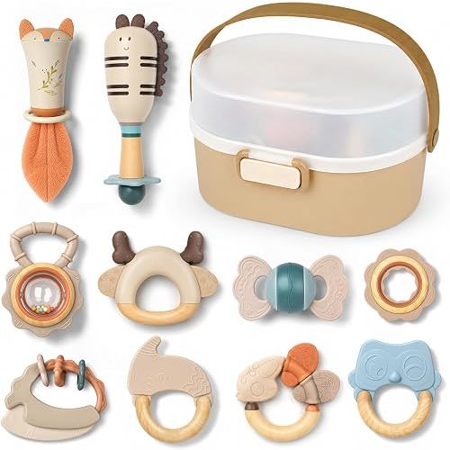 Joyreal Baby Rattles & Teething Toys Set, Baby Toys 0-6 Months, 10-Pack | Easy to Clean & Sterilize, Food-Grade Silicone, Neutral, Sensory Development, Textured Surface, Storage Box, Baby Shower Gift