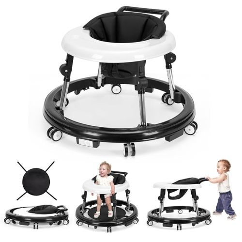 Baby Walker Foldable with 9 Adjustable Heights, Baby Walkers and Activity Center for Boys Girls Babies 7-18 Months, Baby Walker with Wheels Portable