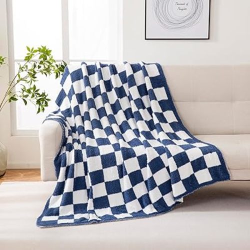 YIRUIO Throw Blankets Checkerboard Grid Chessboard Gingham Warmer Comfort Reversible Shaggy Cozy Decor for Home Bed Couch (Bluey, 51''x63'')