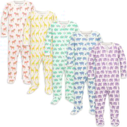 Animal Friends Organic Zip Footie 5-Pack Gift Set, Animal Mix - Primary Sleepwear | Maisonette
