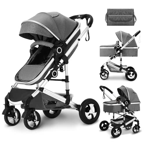 Kinder King 2 in 1 Convertible Baby Stroller, Folding High Landscape Infant Carriage, Newborn Reversible Pram, Diaper Bag, Anti-Shock Toddler Pushchair Stroller, Dark Grey