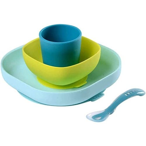Amazon.com: BEABA Silicone 4-Piece Dishware - 100% Silicone Baby Plate Set, Baby Bowls - Includes Baby Plate, Baby Bowl, Baby Cup, 2nd Stage Silicone Spoon, Peacock : Home & Kitchen