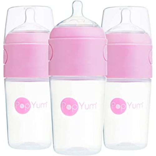 PopYum 9 oz Pink Anti-Colic Formula Making/Mixing/Dispenser Baby Bottles, 3-Pack with #2 Medium Flow Nipples, 260 ml, BPA-Free, Natural Latch
