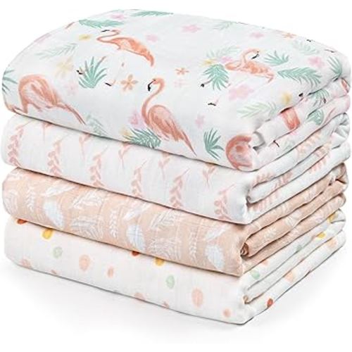 GLLQUEN BABY Muslin Swaddle Blankets 4-Pack Breathable Receiving Blankets (35" x 40") Soft Baby Blankets for Girls and Boys Newborn Essentials Muslin Burp Cloths Swaddle Wrap Baby Gift(Flamingo)