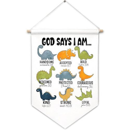 God Says I Am Dinosaur Christian Canvas Banner Wall Decor, Christian Nursery Decor, Inspirational Bible Verse Religious Hanging Pennant Flag Banner for Little Boys Kids Bedroom Playroom