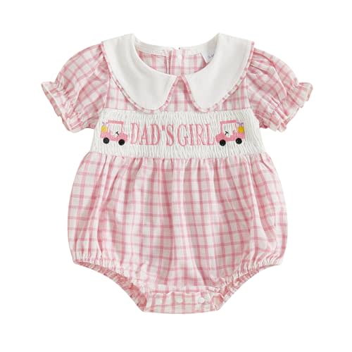 Adobabirl Baby Girl Smocked Bubble Romper Golf Cart Clothes Embroidered Short Sleeve Plaid Bodysuit Fathers Day Outfit