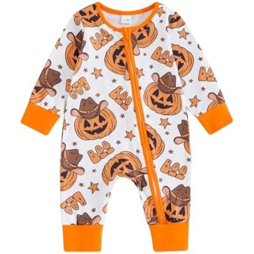 FIOMVA Baby Boy Girl Halloween Outfit Newborn Boo Pumpkin Romper Infant Long Sleeve Jumpsuit Western Fall Winter Clothes